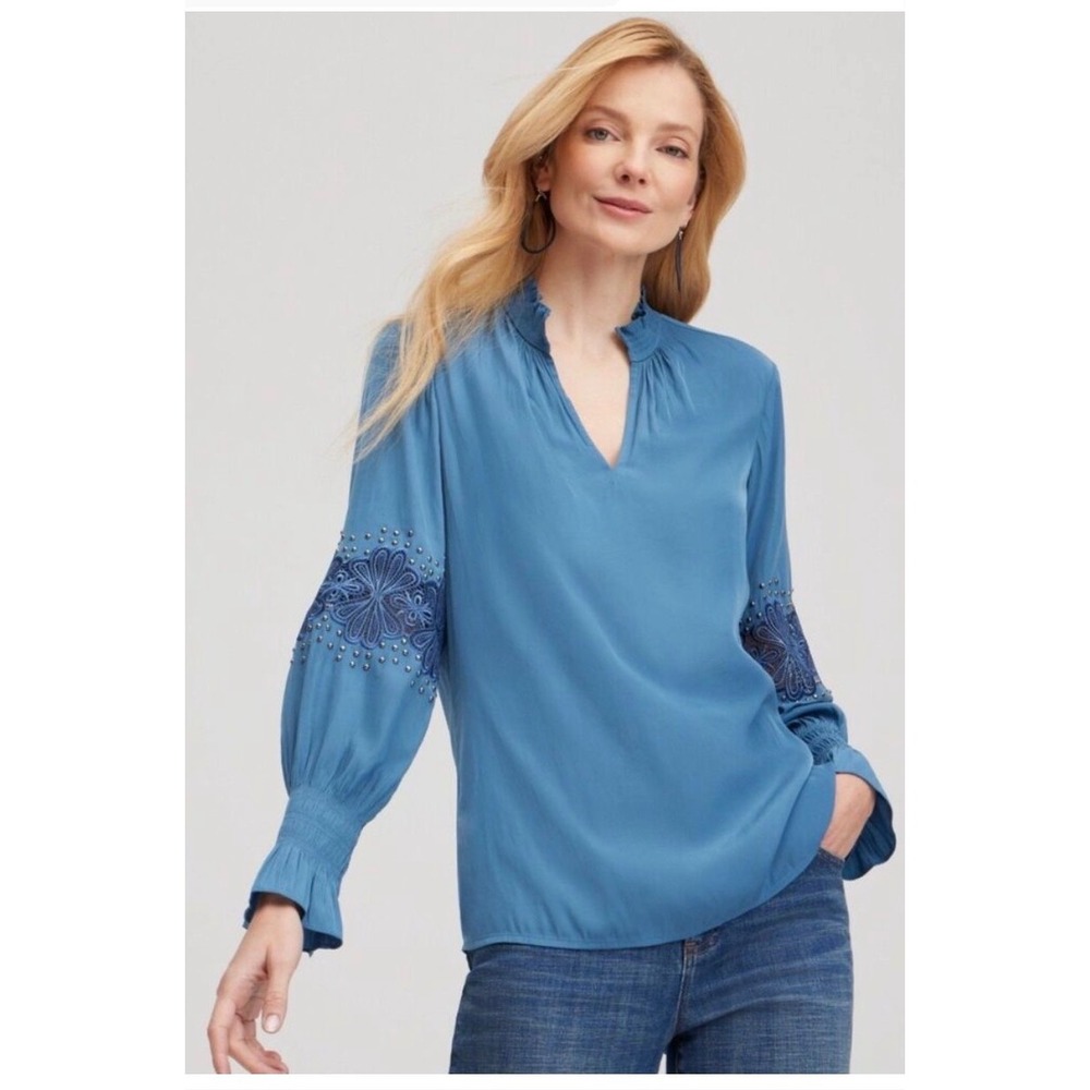 Chico's‎ Blue Echo Embroidered Studded Smocked Blouse Top Size 1 Boho Flowy